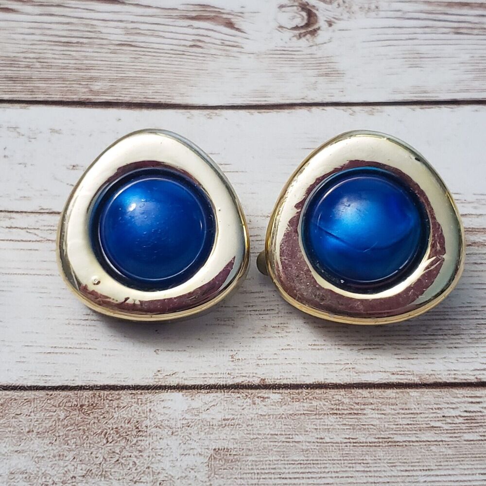 Vintage Clip On Earrings - Statement Chunky Gold Tone & Blue - Some Damage